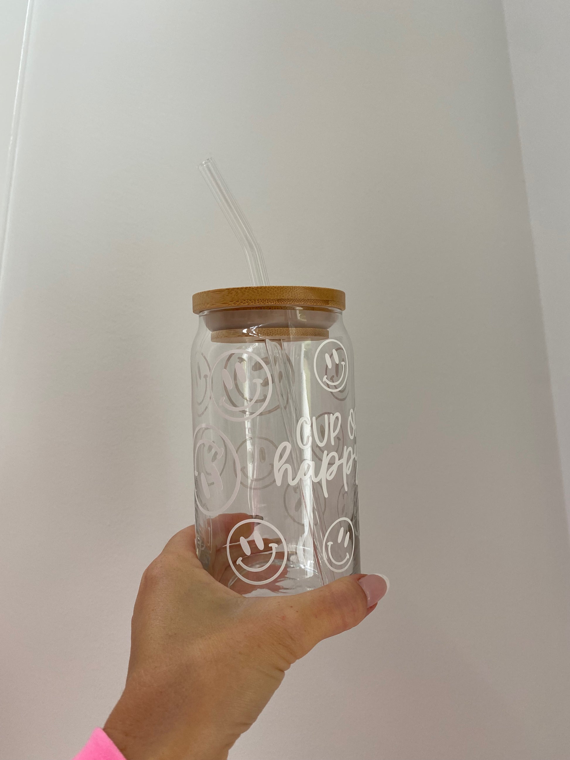 Smiley Face Iced Coffee Glass Cup with Bamboo Lid and Reusable metal s –  Ava Reign