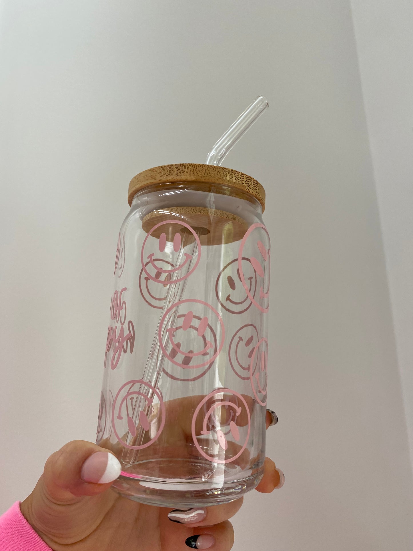 Pink Cup of Happy Smiley Iced Coffee Glass