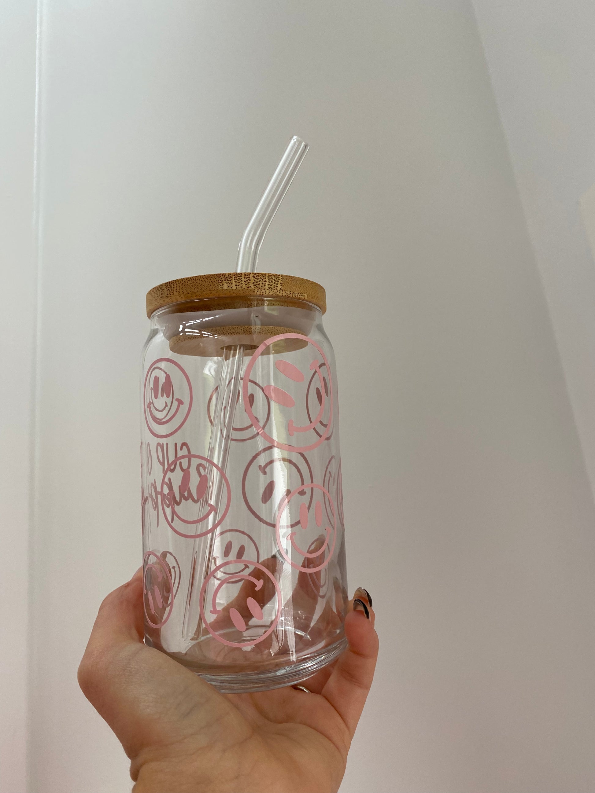 White Cup of Happy Smiley Iced Coffee Glass – The Pink Edition