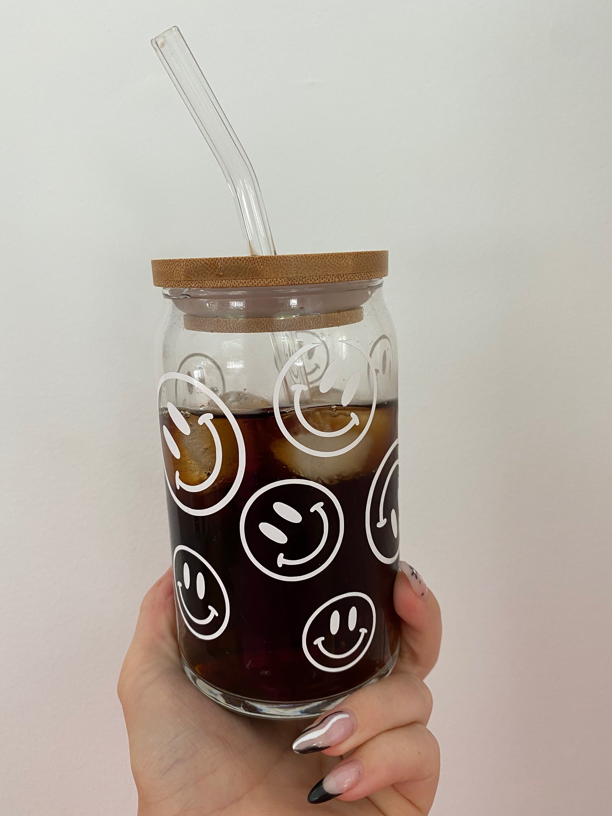 Smiley Face Iced Coffee Glass Cup with Bamboo Lid and Reusable metal s –  Ava Reign