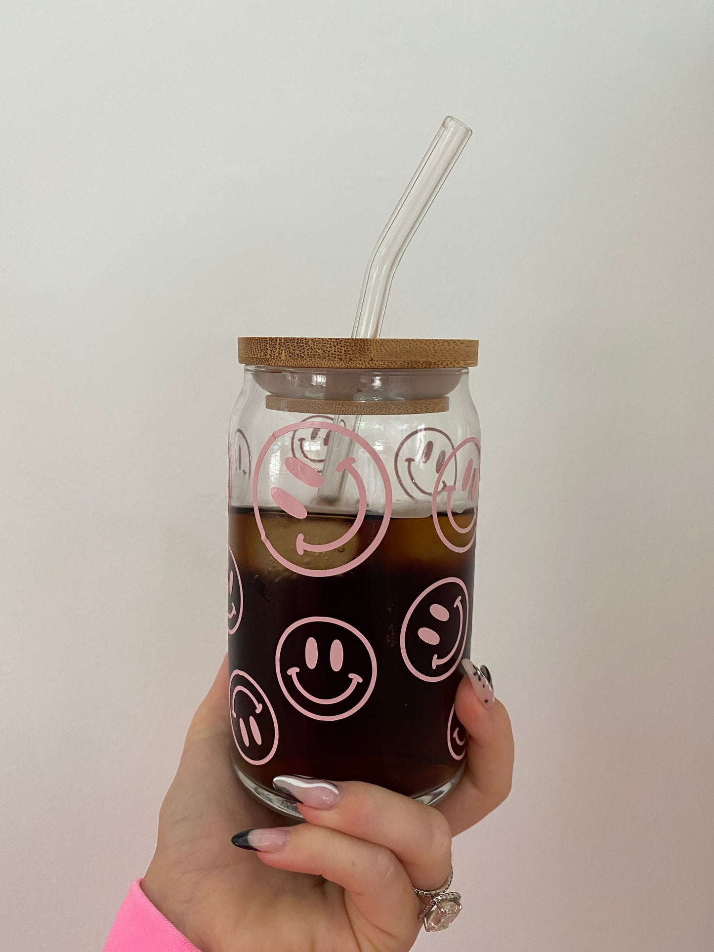 Pink Cup of Happy Smiley Iced Coffee Glass